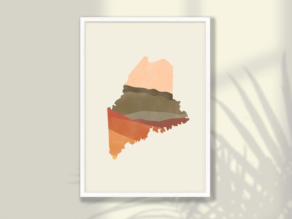Maine State Silhouette Boho Watercolor Landscape Decor Map Poster