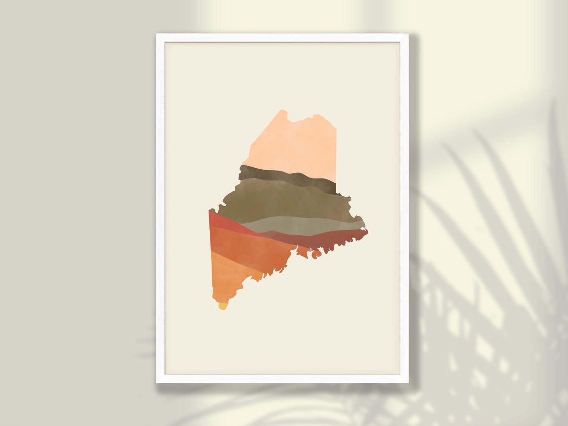 Maine State Silhouette Boho Watercolor Landscape Decor Map Poster