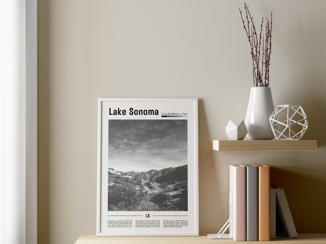 Lake Sonoma Poster Black And White Lake Sonoma Print Black And White Lake Sonoma Wall Art Minimal Travel Print Travel Poster - Image 3