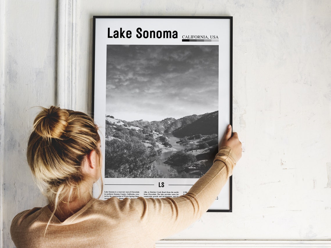 Lake Sonoma Poster Black And White Lake Sonoma Print Black And White Lake Sonoma Wall Art Minimal Travel Print Travel Poster - Image 5