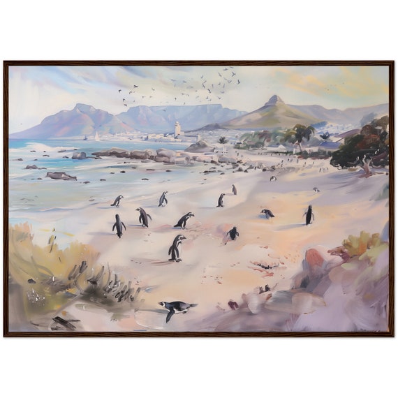 Cape Town South Africa Painting Penguins Art Print Boulders Beach Landscape Penguin Ready To Hang Framed