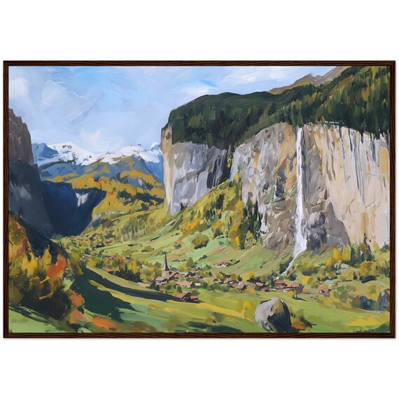 Swiss Alps Mountain Valley Waterfall Village Oil Painting Poster