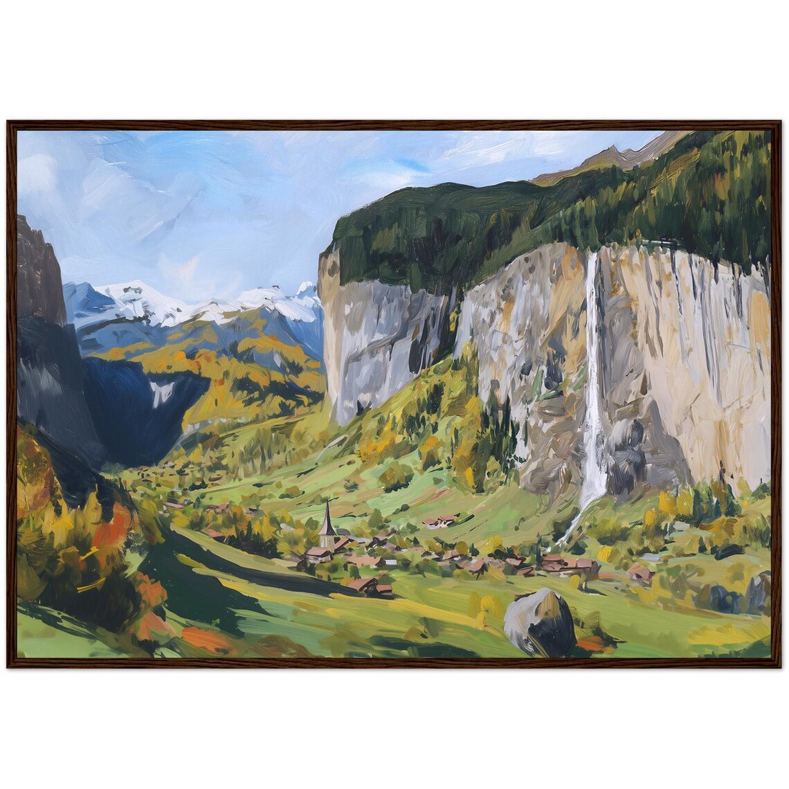 Swiss Alps Mountain Valley Waterfall Village Oil Painting Poster
