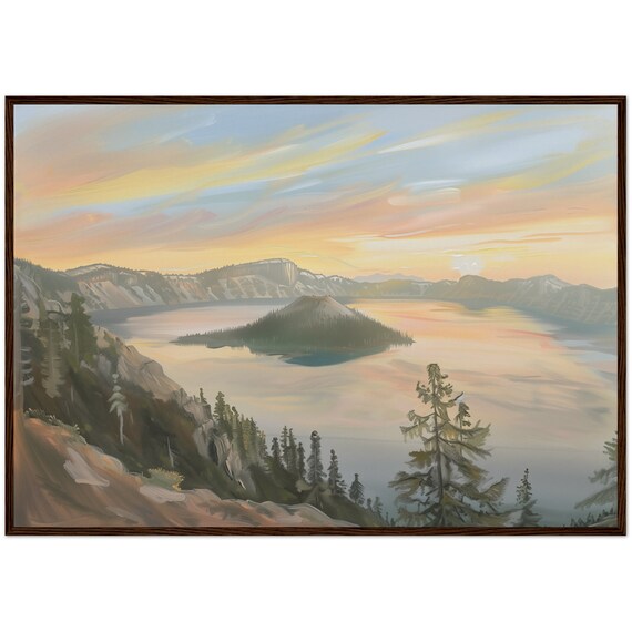 Crater Lake National Park Sunset Warm Rustic Oil Painting Poster