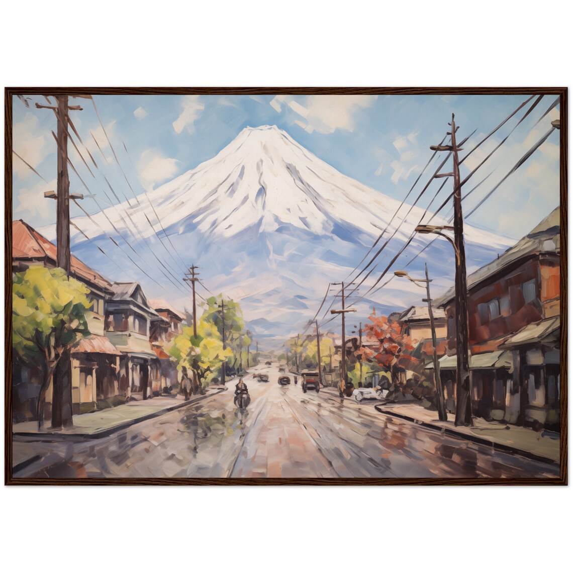 Mount Fuji Japan Street View Snow Capped Peak Oil Painting Poster