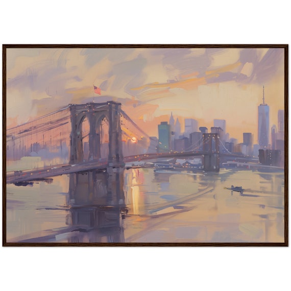 New York Brooklyn Bridge Sunset Painting Skyline Art Print Cityscape Wall Usa Ready To Hang Framed