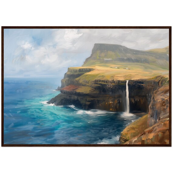 Faroe Islands Sea Cliffs Waterfall Oil Painting Denmark Nature Poster