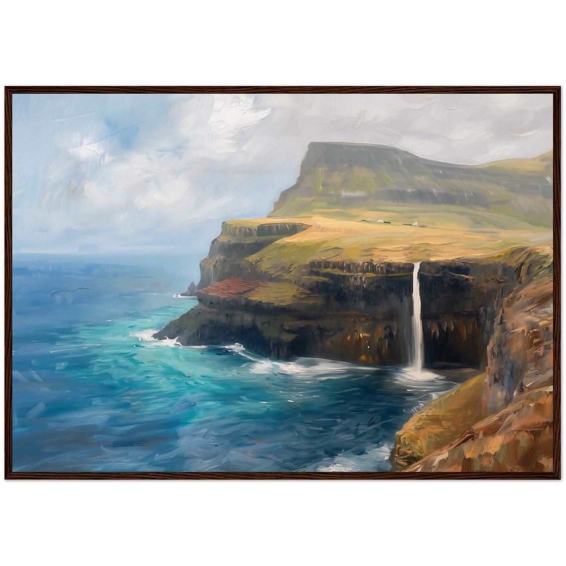 Faroe Islands Sea Cliffs Waterfall Oil Painting Denmark Nature Poster