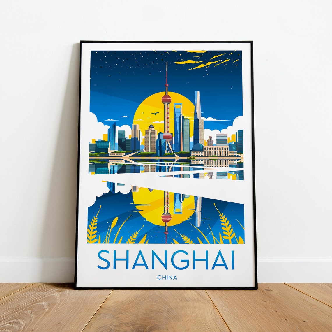 Shanghai China Golden Sunrise Skyline Reflected in River Poster
