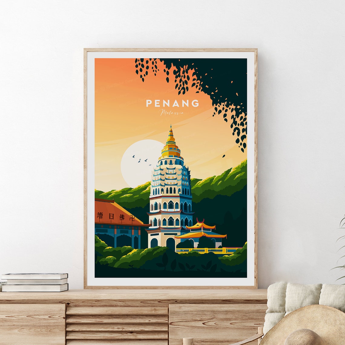Penang Malaysia Temple Pagoda Sunset Garden Buddhist Travel Poster - Image 2