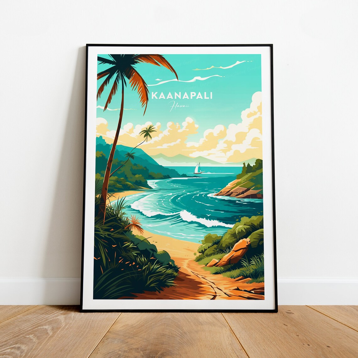 Kaanapali Hawaii Palm-Framed Beach Trail Sunset Travel Poster