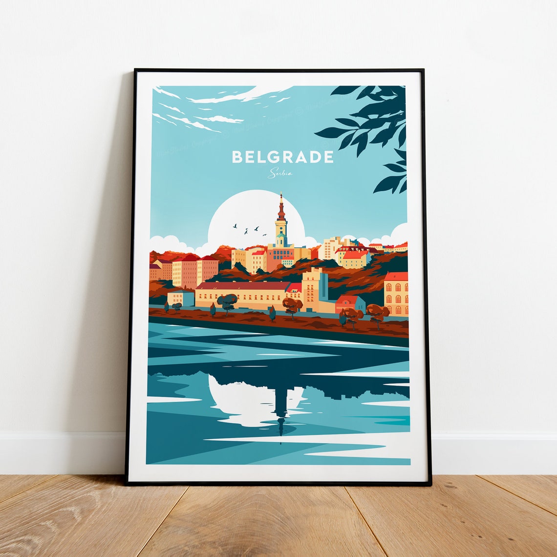 Belgrade Serbia Riverside Sunset Skyline Retro Travel Poster - Image 2