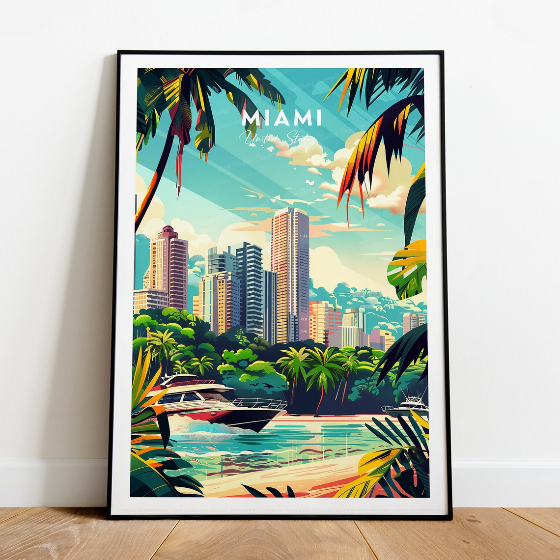 Miami Florida Skyline Palm Trees Yacht Tropical Waterfront Poster - Image 2