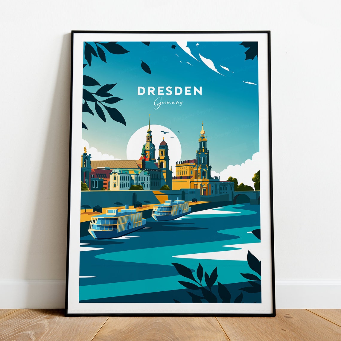Dresden Germany Travel Poster with Elbe River Boats and Old Town