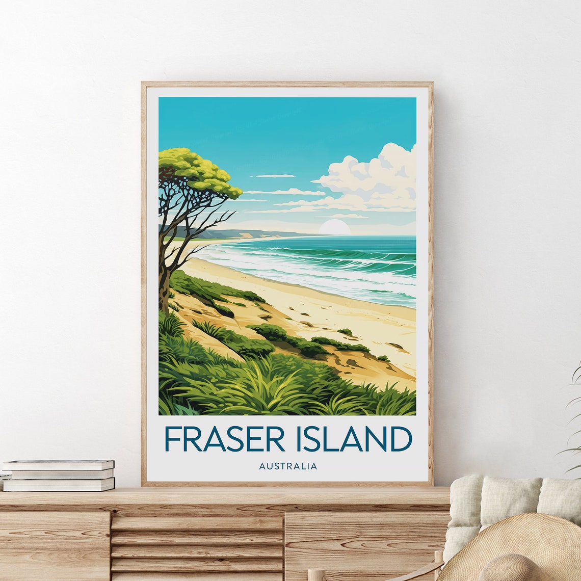 Fraser Island Australia Beach Pandanus Tree Surf Waves Travel Poster