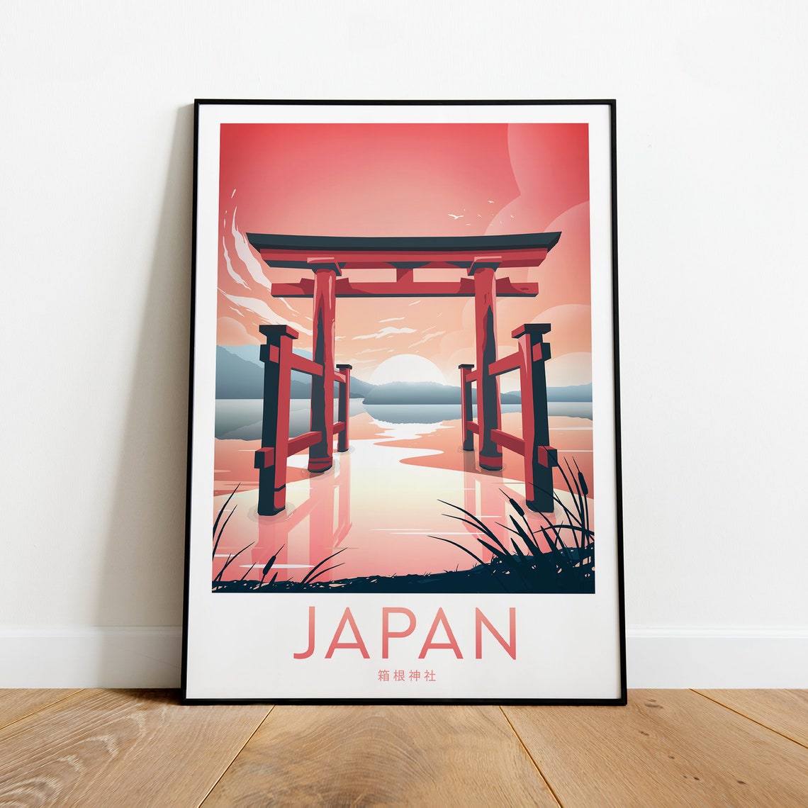 Japan Hakone Shrine Vermilion Torii Gate Over Water Sunset Poster - Image 2