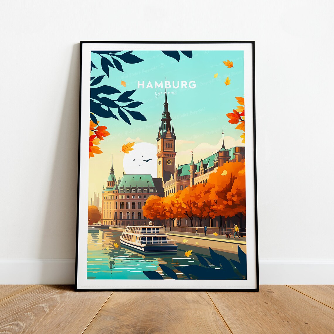 Hamburg Germany Rathaus Autumn Leaves River Sidewalk Travel Poster - Image 2