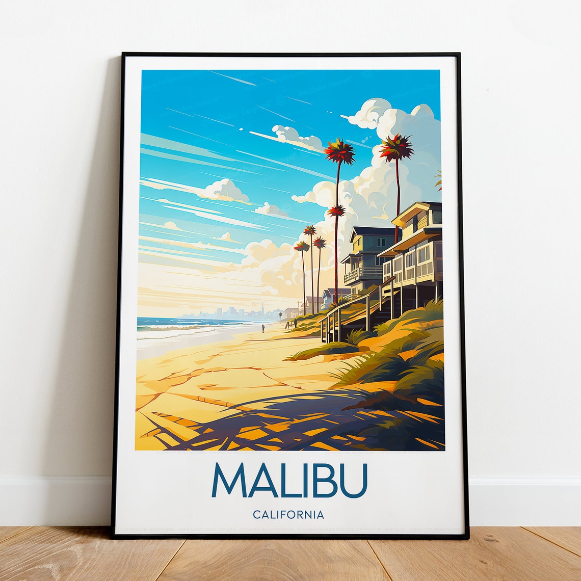 Malibu California Beach Houses Palm Trees Sunset Coast View Poster