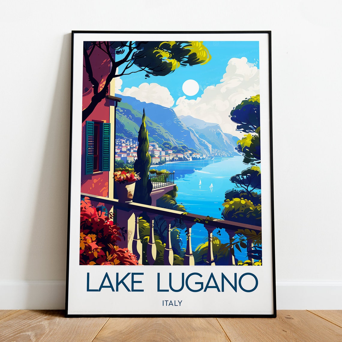 Lake Lugano Italy Terrace Overlook Sailboats Summer Travel Poster - Image 2