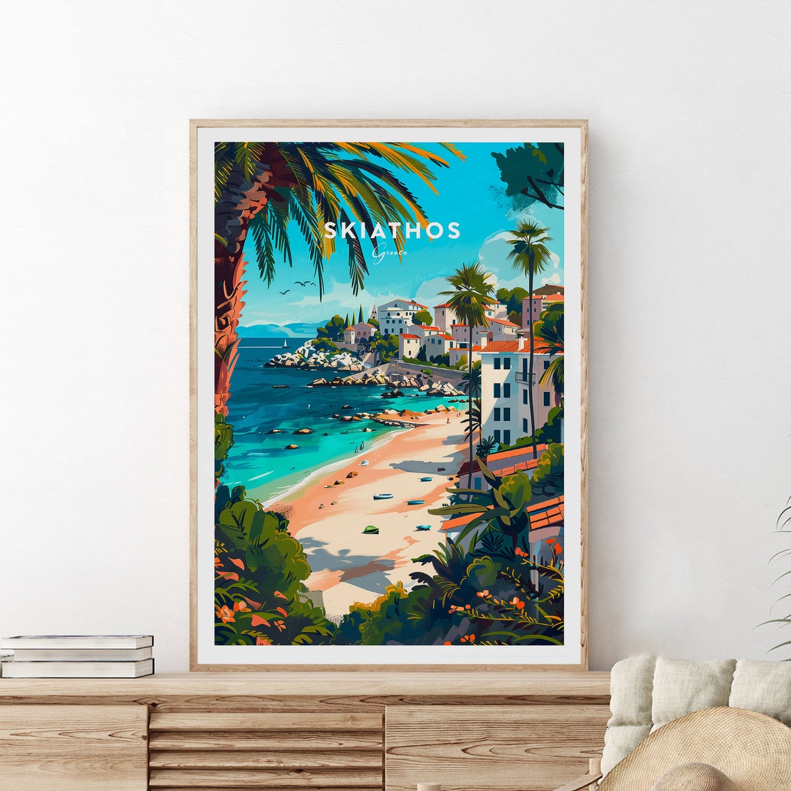 Skiathos Greece Seaside Old Town Beach Palm Cove Travel Poster