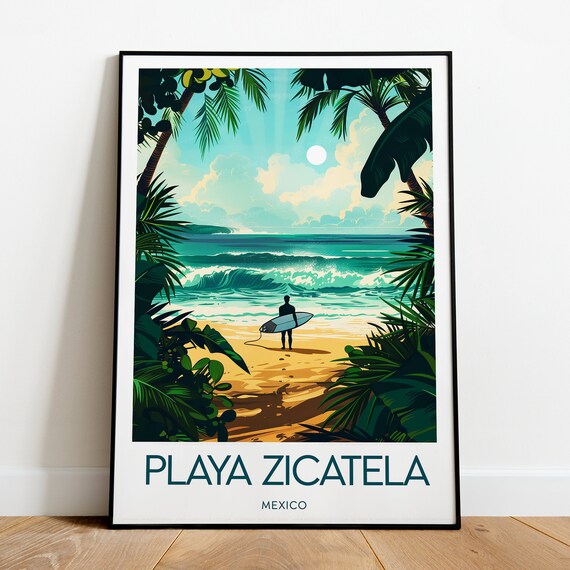 Playa Zicatela Mexico Surfer Tropical Beach Waves Palm Trees Poster