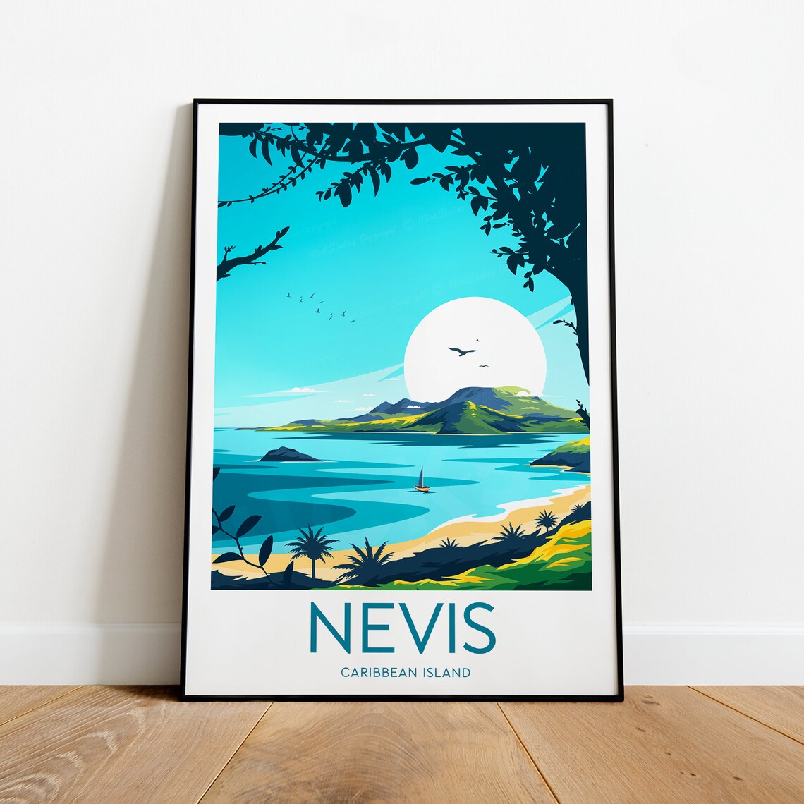 Nevis Caribbean Island Bay Nevis Peak Palms Sailboat Scenic Travel Poster - Image 2