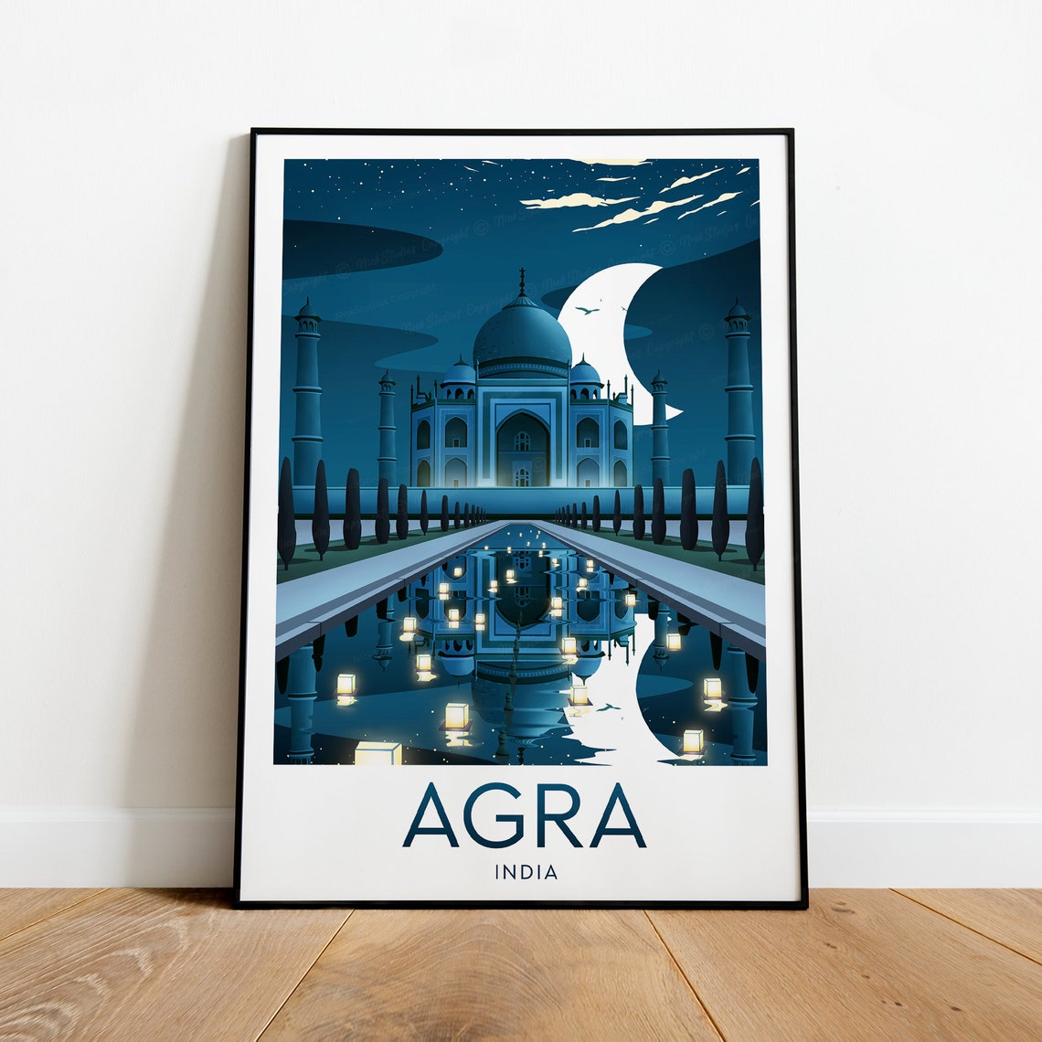 Agra India Taj Mahal Moonlit Night Reflection Retro Travel Poster - Image 2