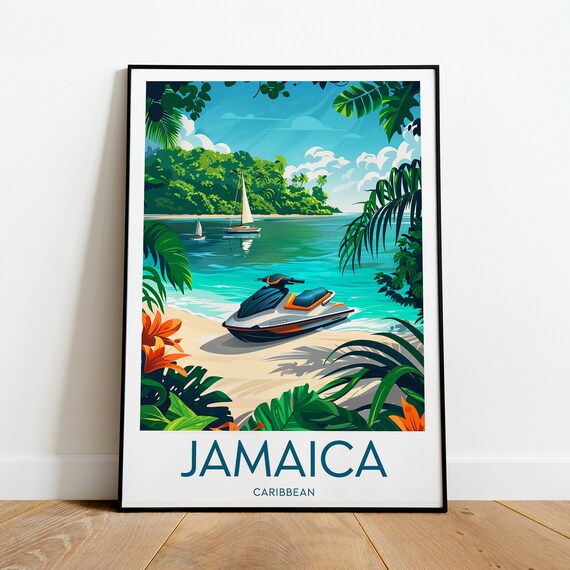 Jamaica Caribbean Jet Ski on Tropical Sandy Beach Holiday Wall Art