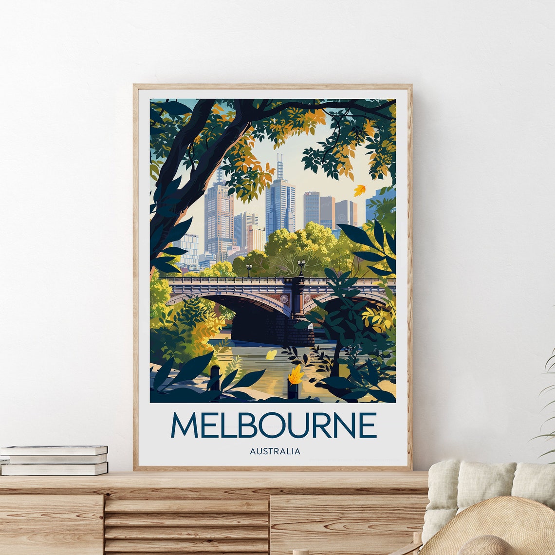 Melbourne Australia Princes Bridge Yarra River Gardens Travel Poster
