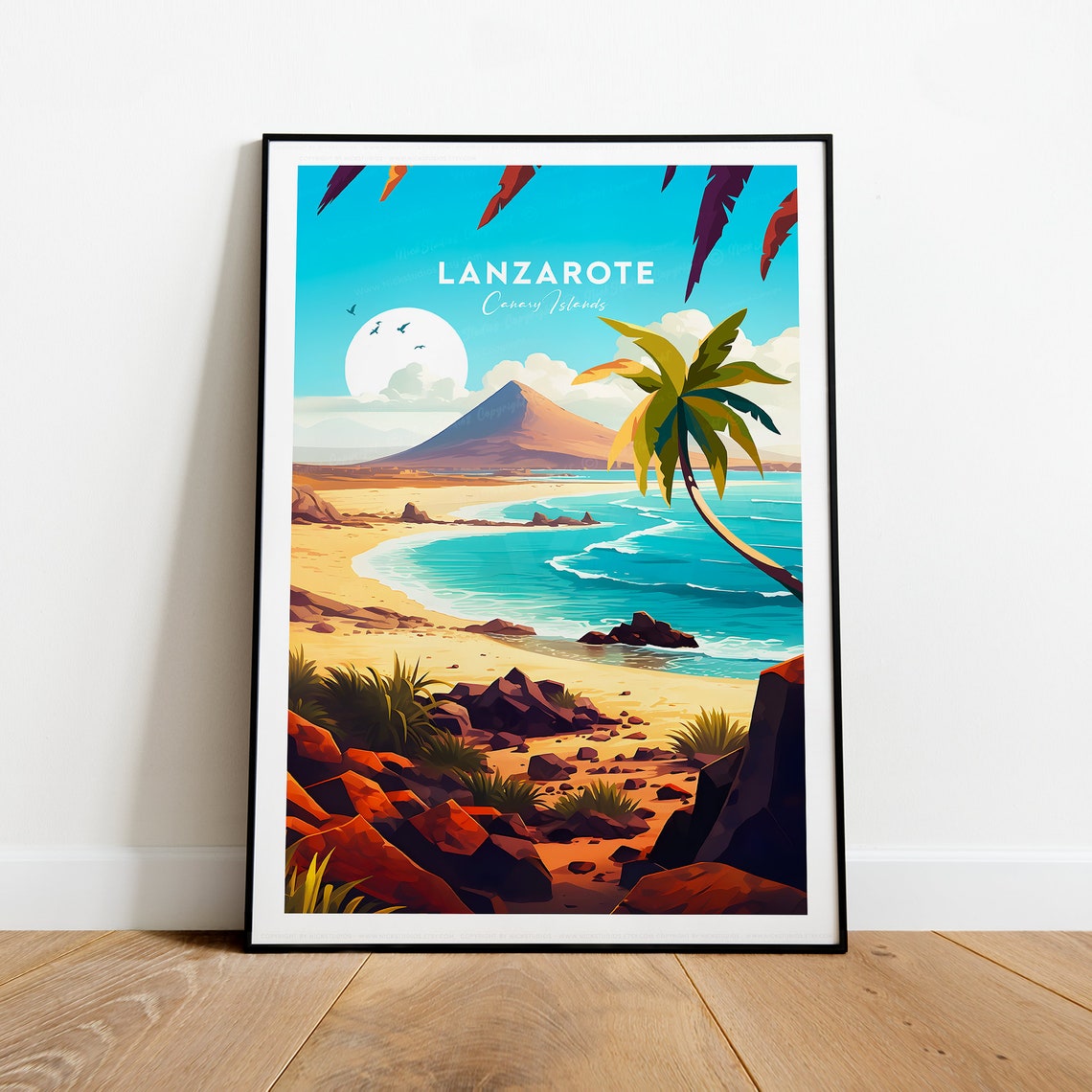 Lanzarote Canary Islands Beach Volcano And Palm Tree Travel Poster - Image 2