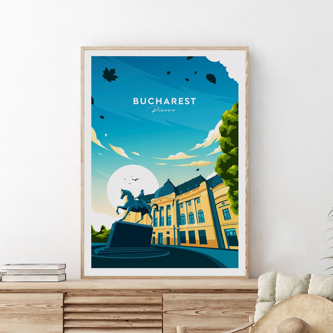 Bucharest Romania Equestrian Statue at Dusk Vintage Travel Poster
