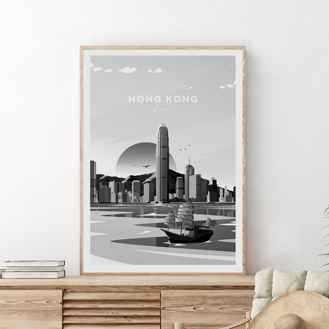Hong Kong China Black and White Skyline Junk Boat Harbour Poster
