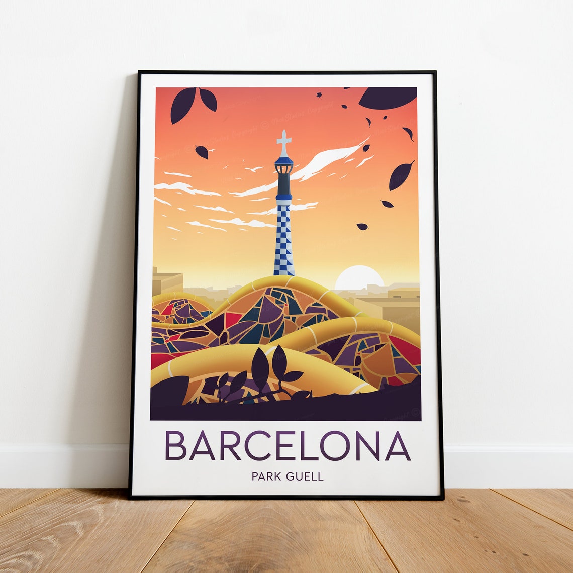Barcelona Spain Park Guell Gaudi Mosaic Sunset Travel Poster