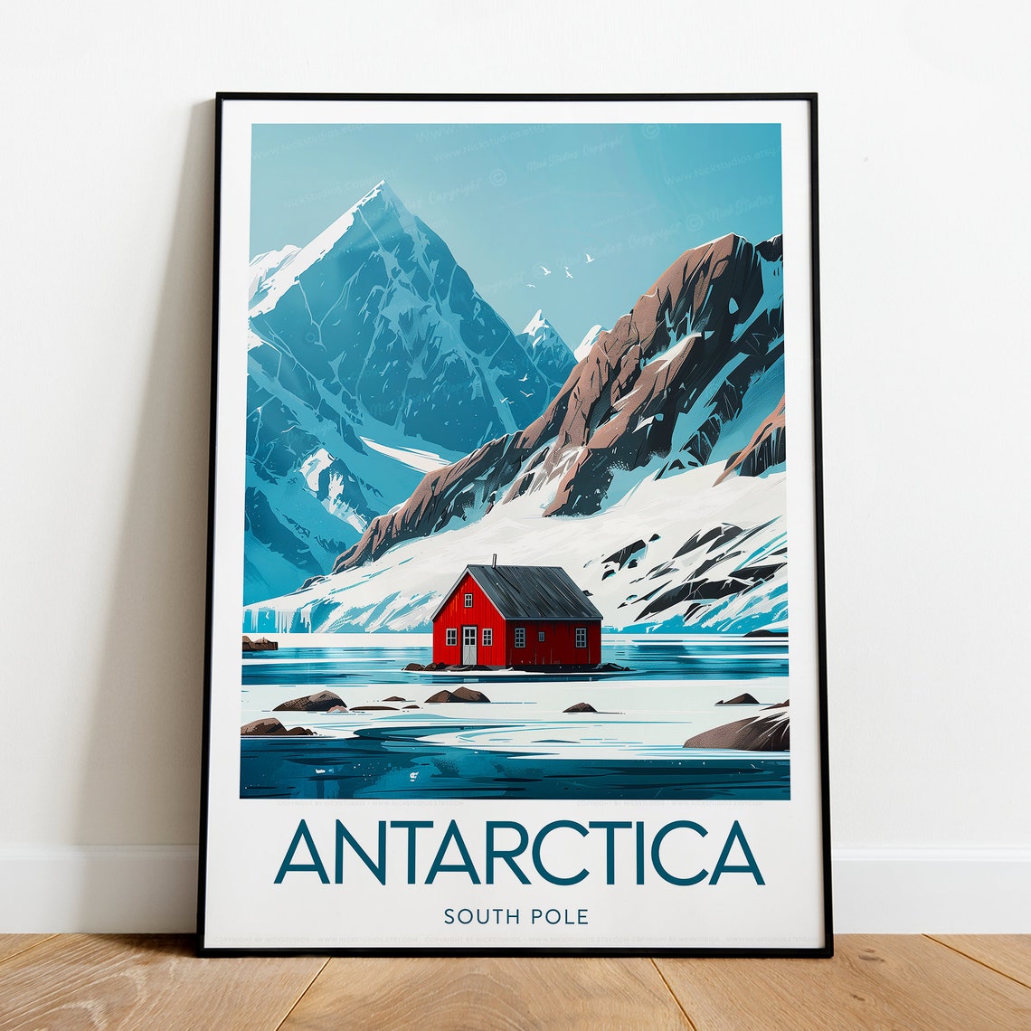 Antarctica South Pole Red Cabin Glacier Mountains Travel Poster