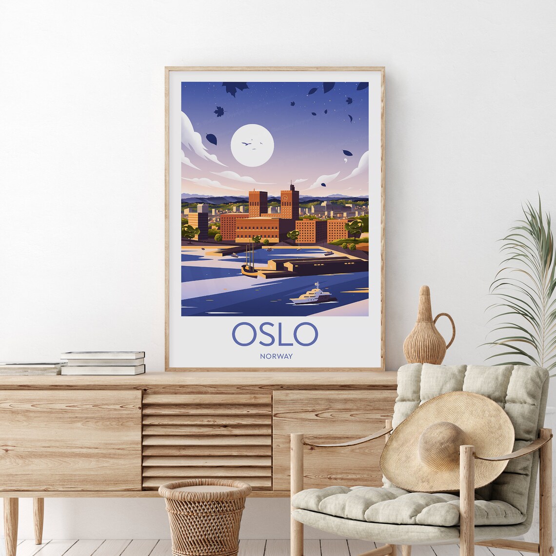 Oslo Norway City Hall Waterfront Fjord Dusk Vintage Travel Poster