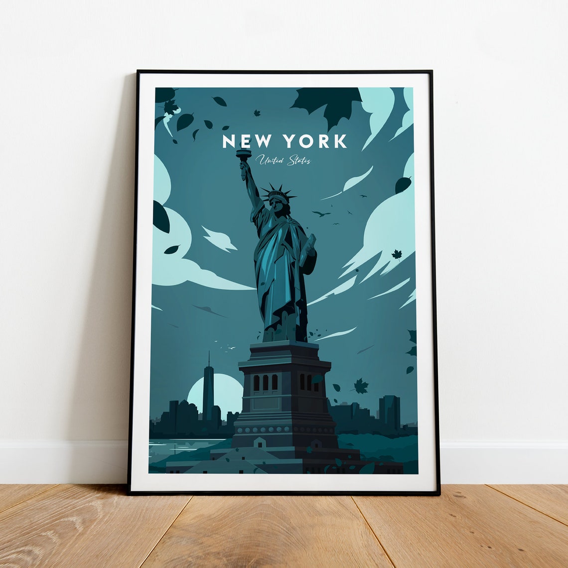 New York Statue Of Liberty Teal Skyline Evening Cityscape Poster - Image 2