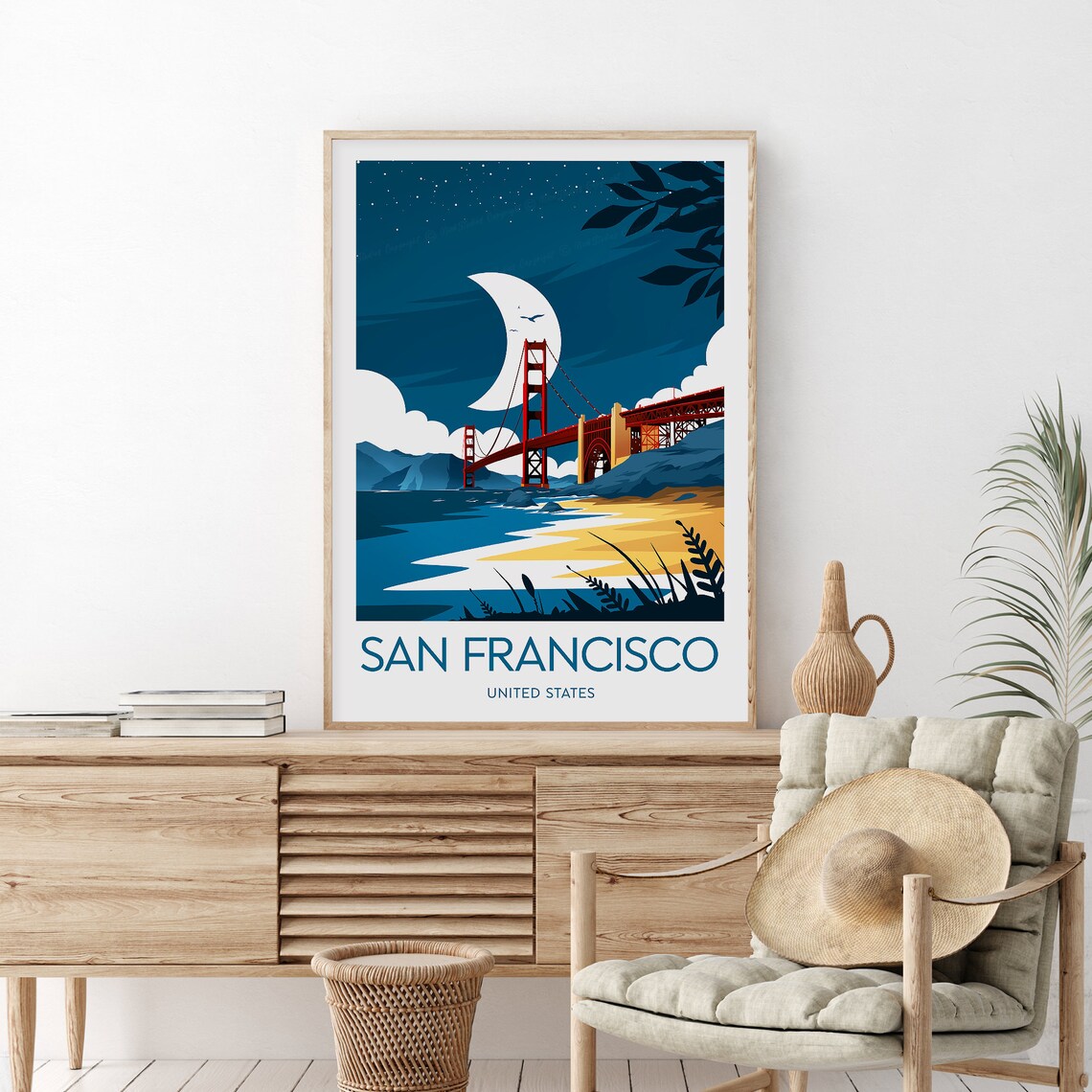San Francisco Golden Gate Bridge Starry Moonlit Bay Travel Poster - Image 2