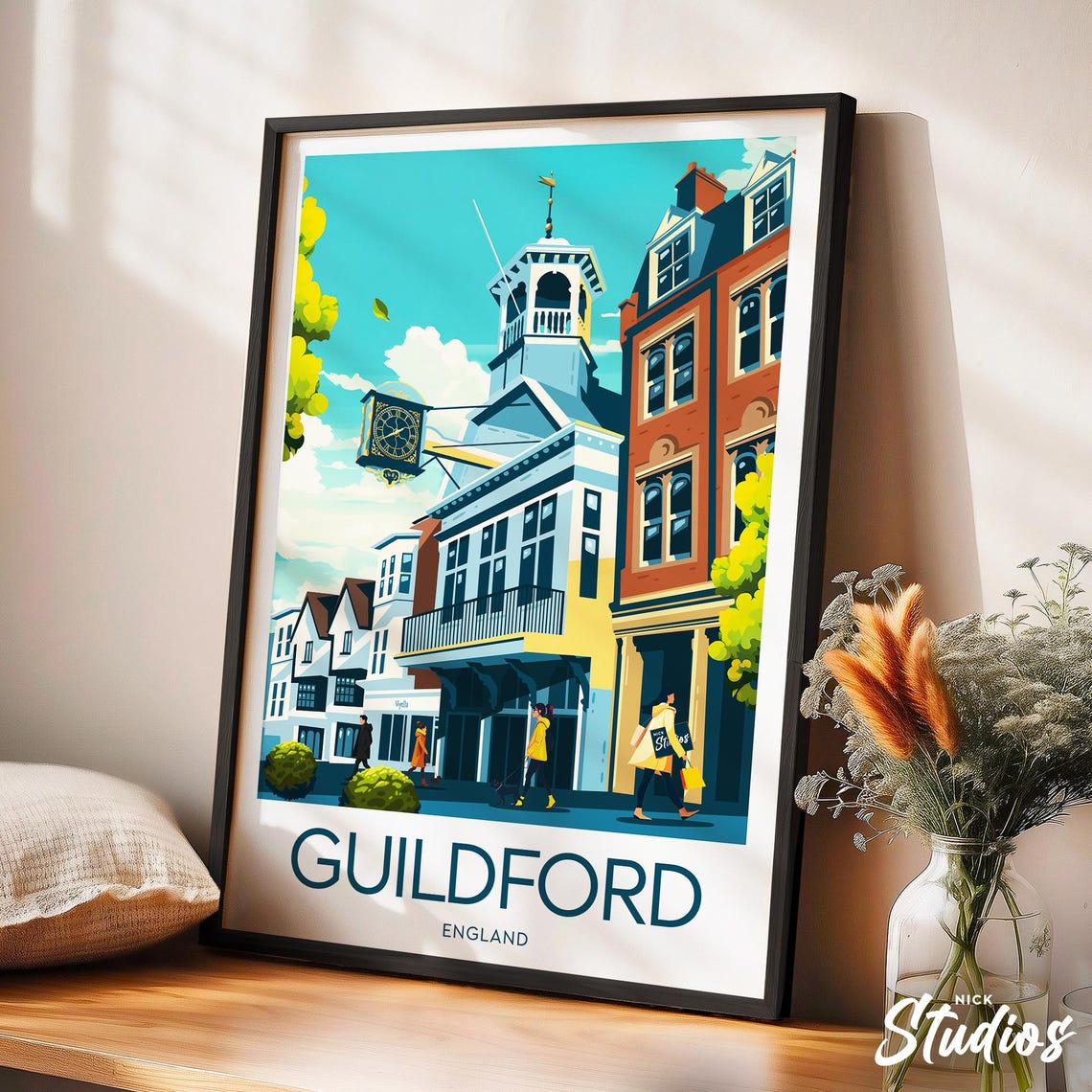 Guildford High Street Clock Tower Retro England Town Scene Poster