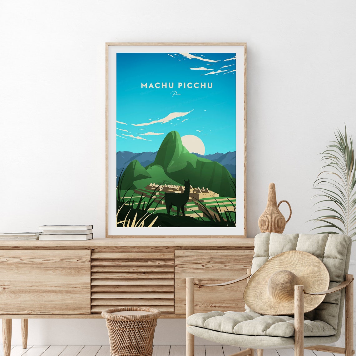 Machu Picchu Peru Llama Silhouette Mountain Ruins Travel Poster