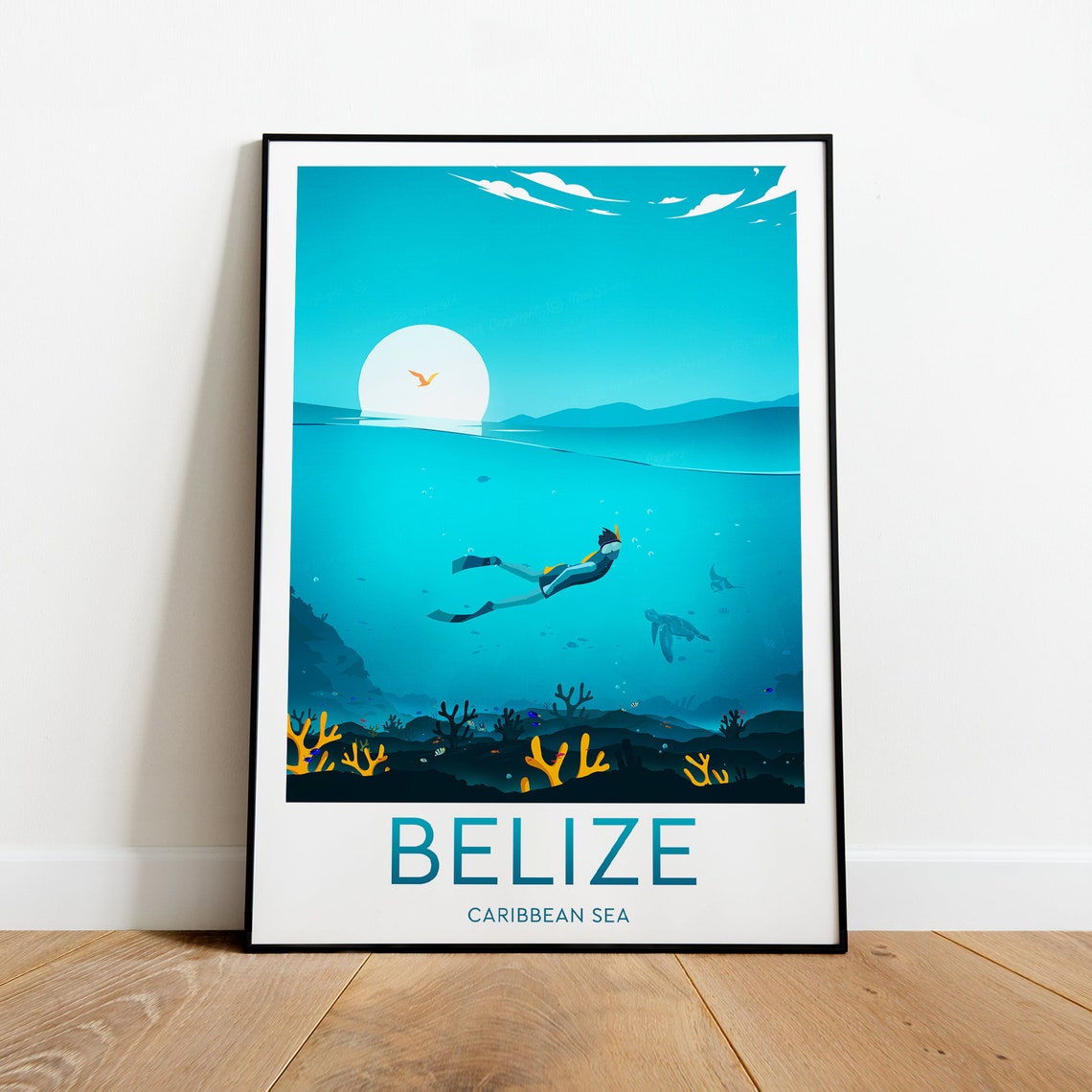 Belize Coral Reef Snorkeling Diver Caribbean Sea Tropical Travel Poster - Image 2