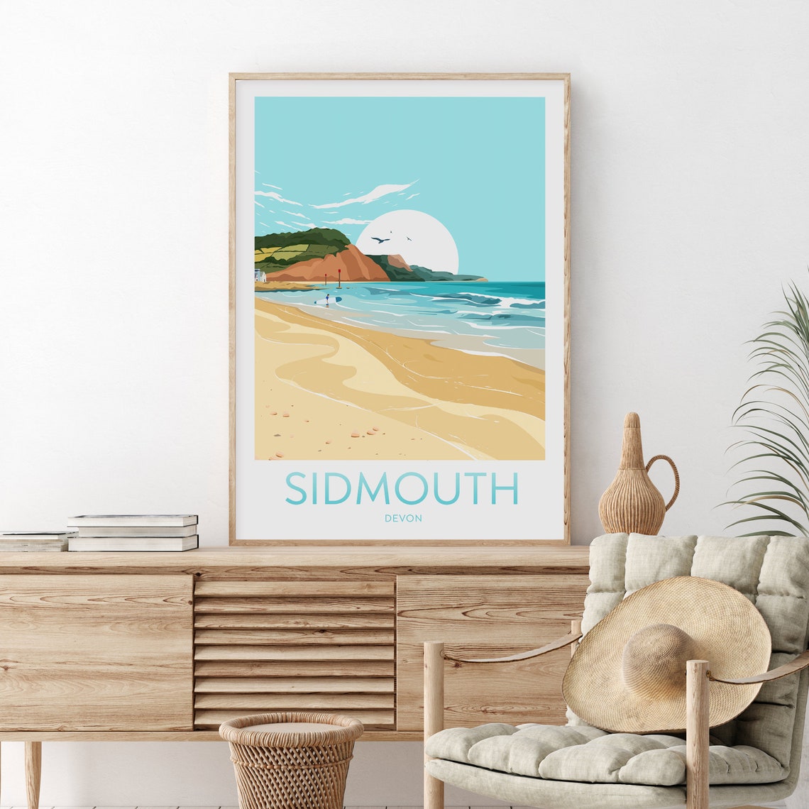 Sidmouth Devon Beach Red Cliffs Sea Sunset Travel Art Poster