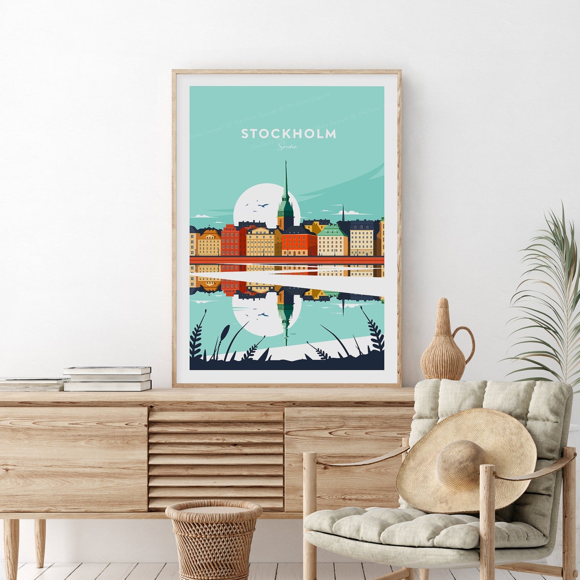 Stockholm Sweden Harbor Skyline Reflection Sunset Scene Poster