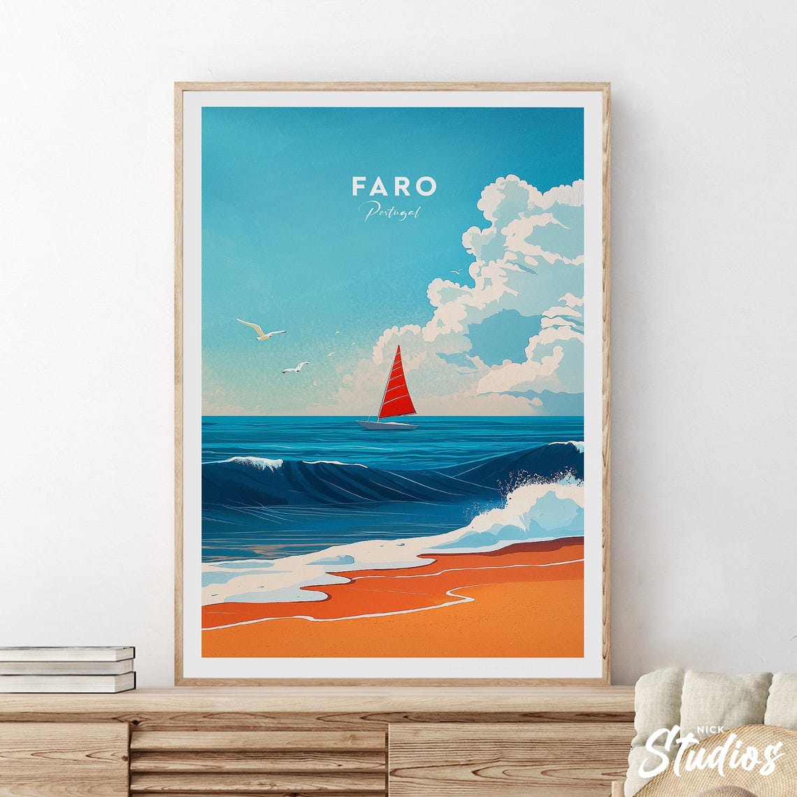 Faro Portugal Traditional Travel Poster Red Sailboat Seascape