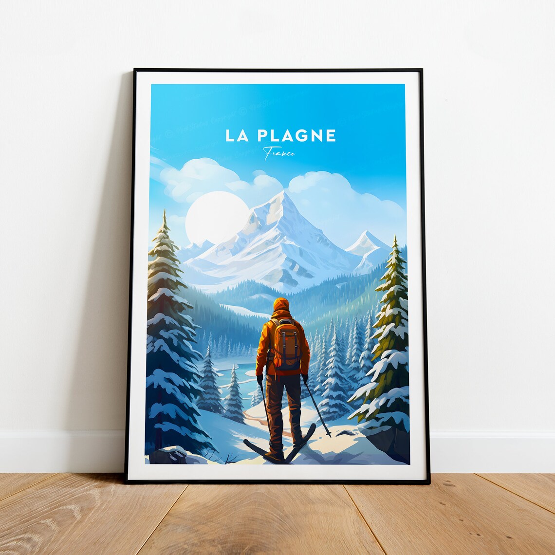 La Plagne France Skier Snowy Alpine Peak Pine Forest Winter Poster