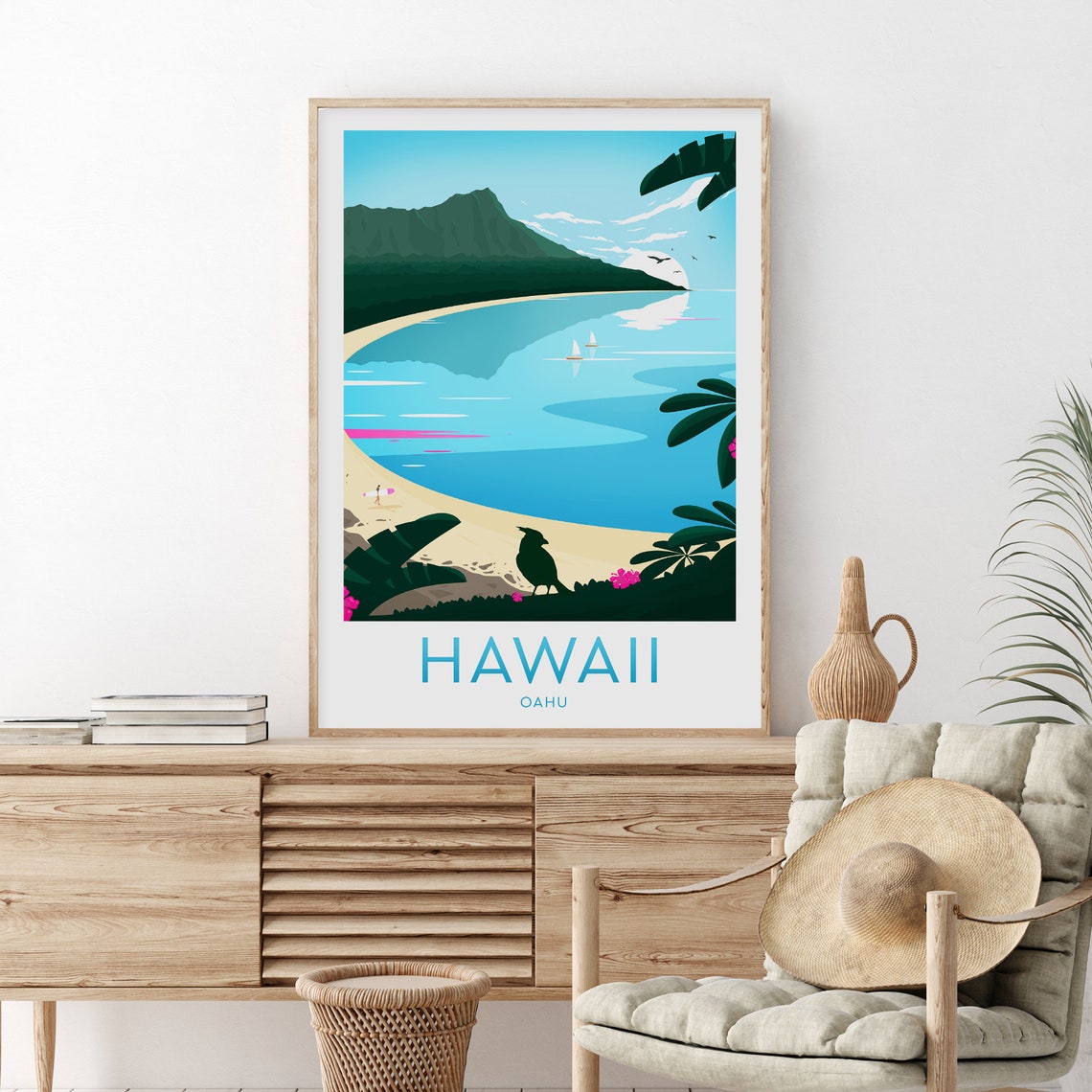 Hawaii Oahu Golden Beach Surf Waves Palm Sunset Travel Poster