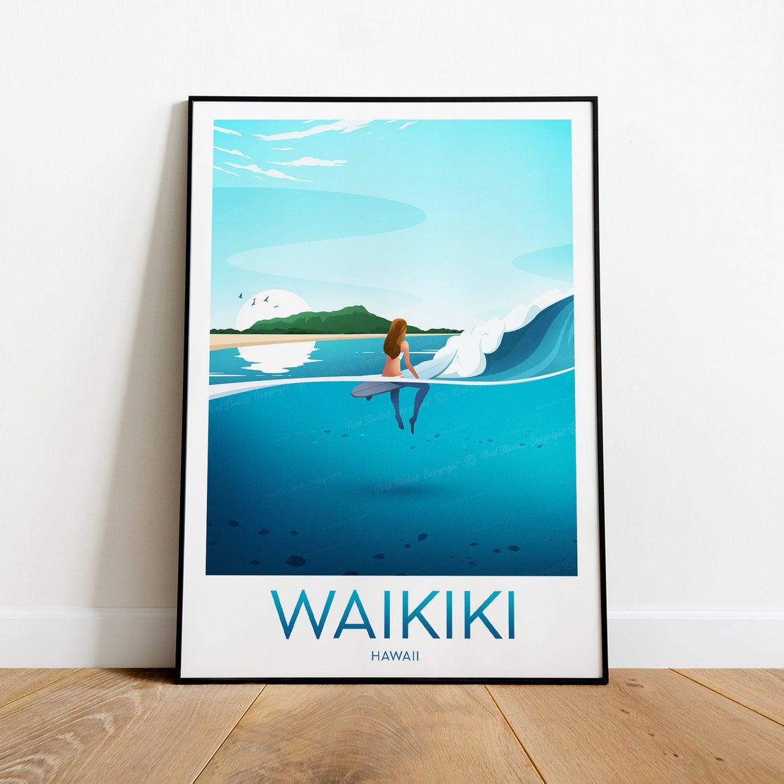 Waikiki Hawaii Surfer Riding Turquoise Ocean Wave Travel Poster - Image 2