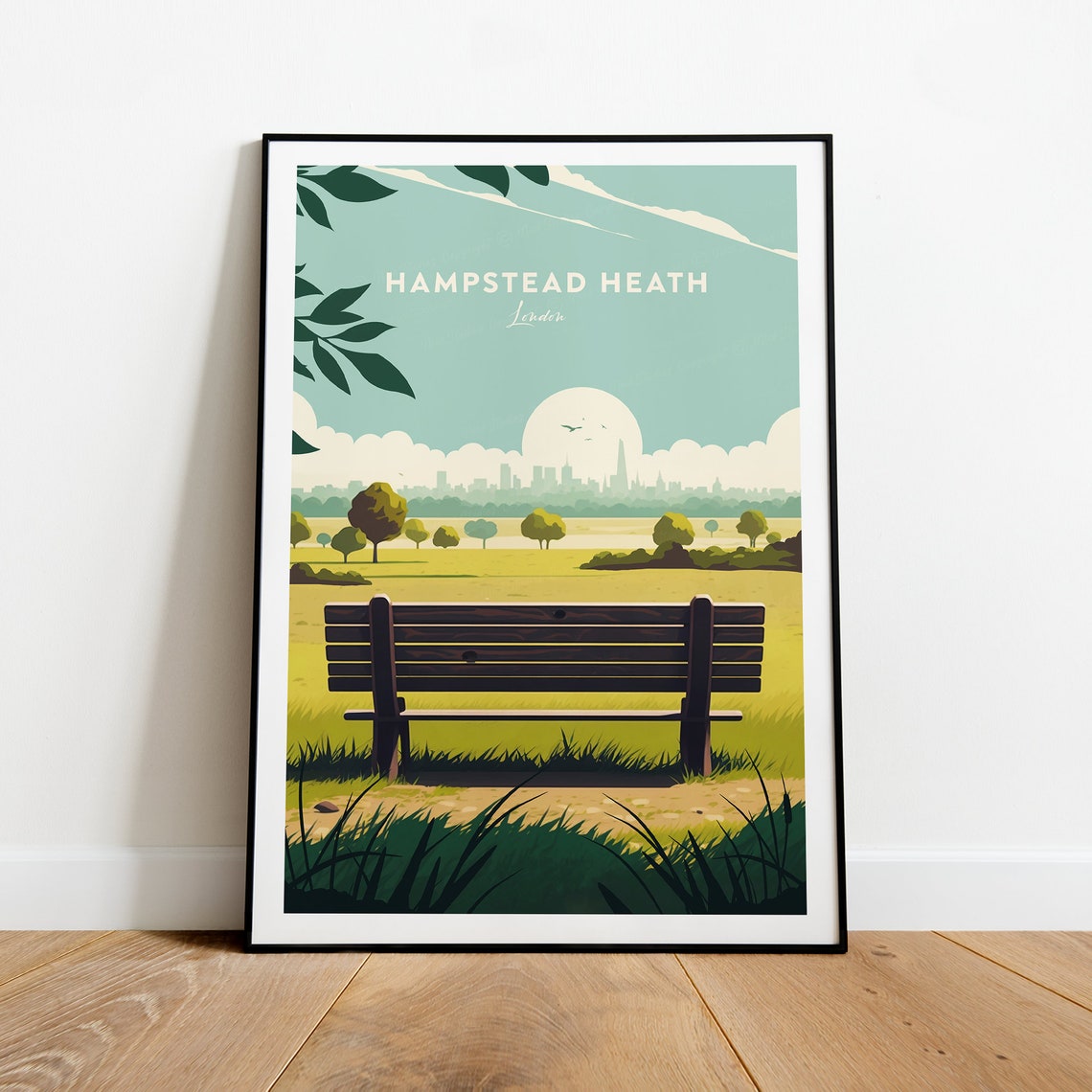 Hampstead Heath London Park Bench with City Skyline View Poster