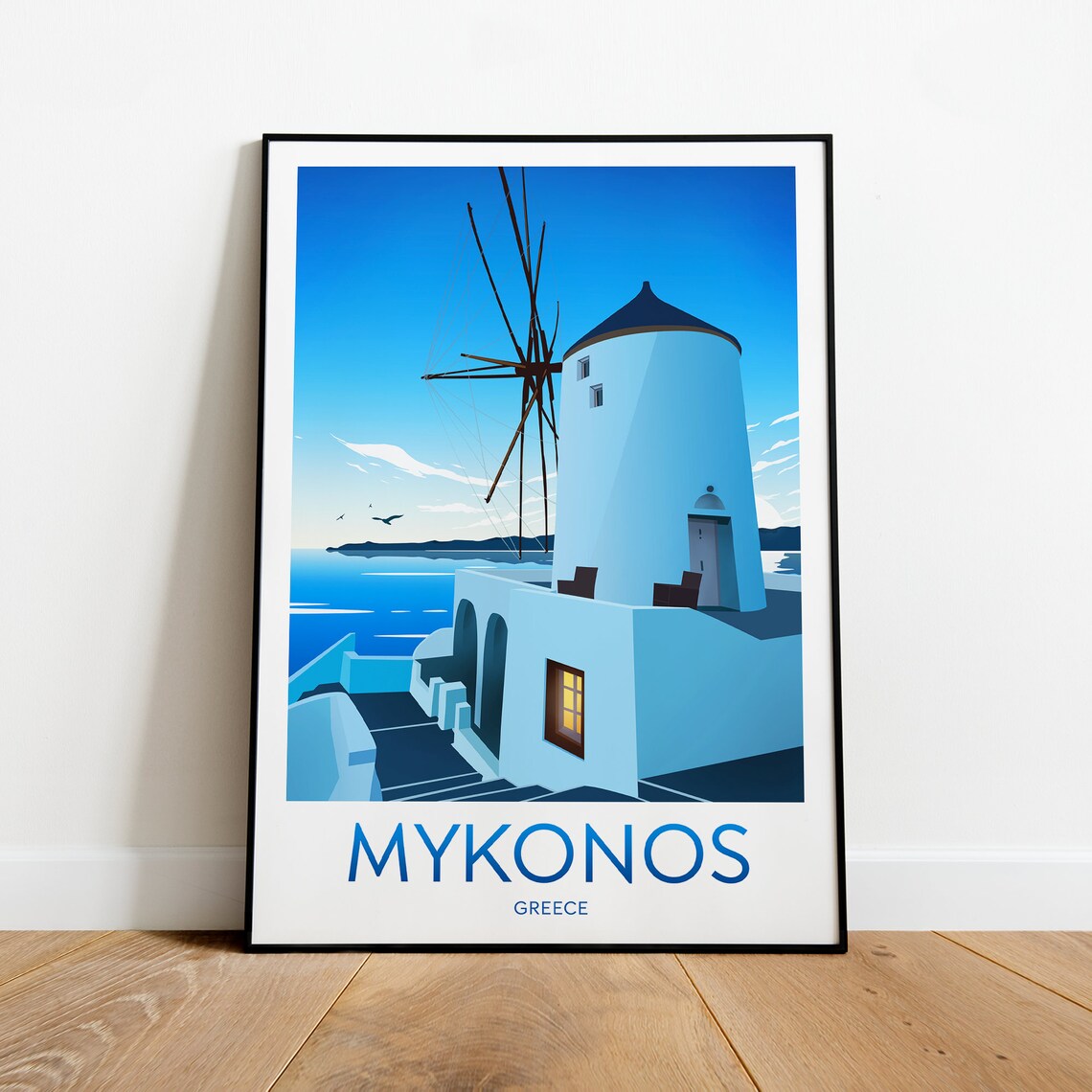 Mykonos Greece White Windmill Aegean Sea Vintage Travel Poster - Image 2