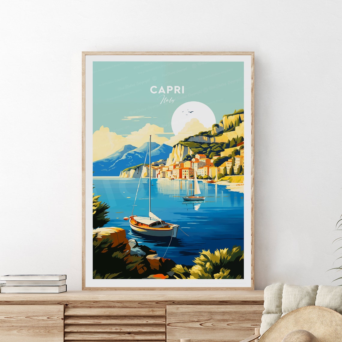 Capri Italy Sailboat Bay Coast Cliffs Mediterranean Travel Poster