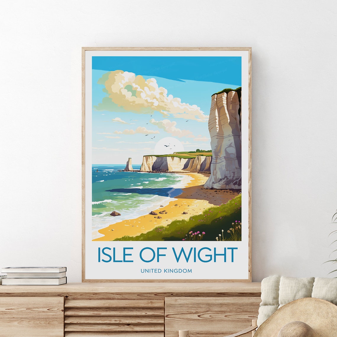 Isle of Wight White Chalk Cliffs Golden Sandy Beach Travel Poster